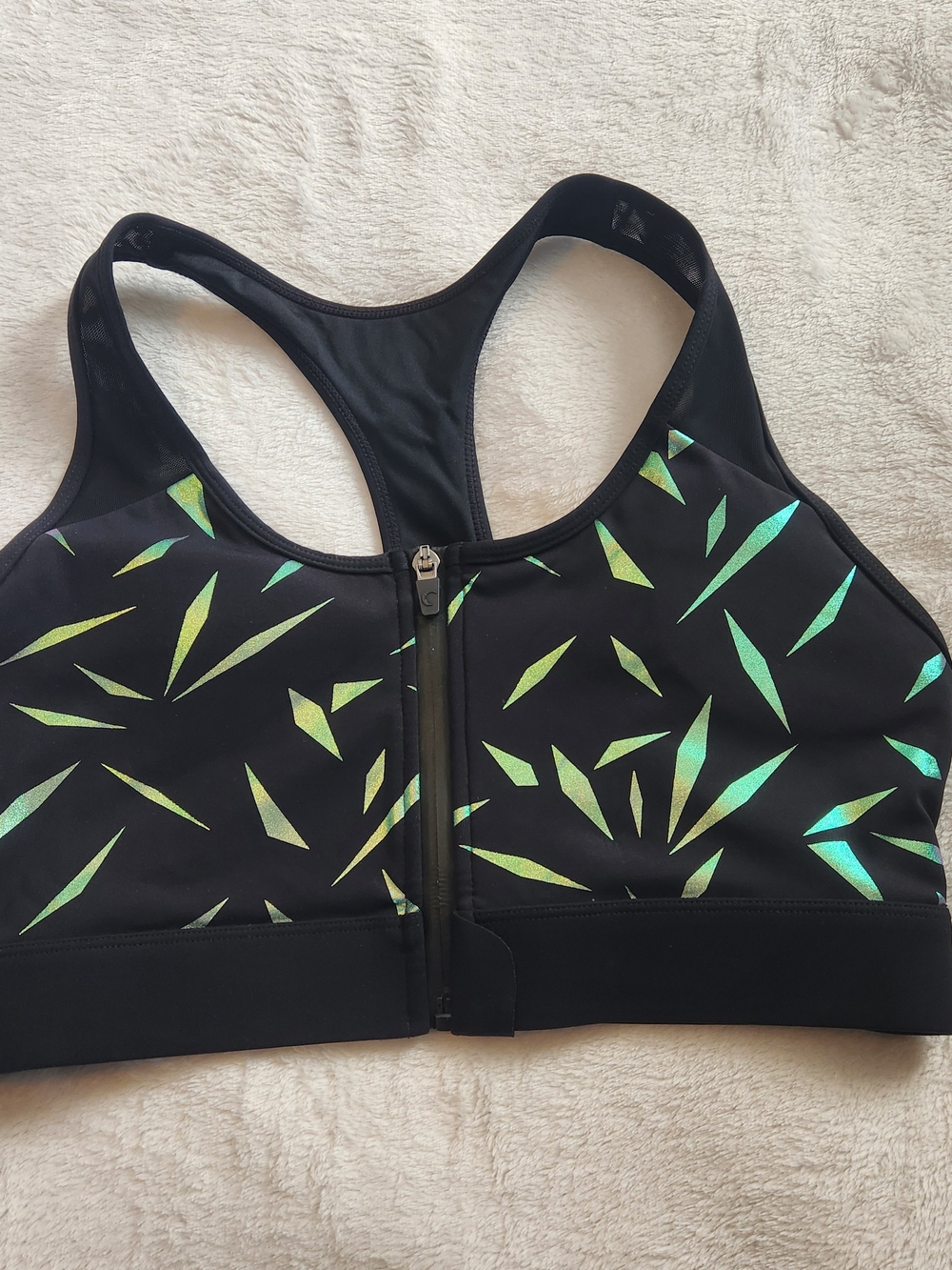 ZYIA Black Front-Zip Sports Bra with Iridescent Green Accents